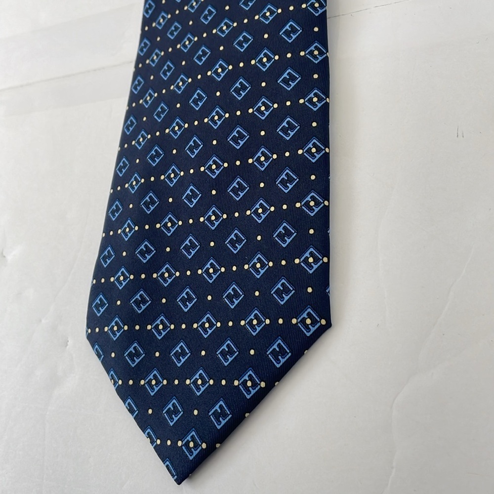 Fendi Cravatte Silk Tie Navy Blue with Light Blue Fendi Logo Yellow Dots